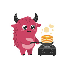 Adorable monster character flipping pancakes in a pan, perfect for children's book illustrations, food blogs, and fun educational resources, evoking joy