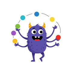Playful purple monster juggling colorful balls with joyful expression, perfect for children's entertainment, educational materials, and whimsical branding projects