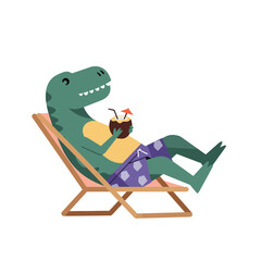 Relaxed dinosaur enjoying tropical vacation with coconut cocktail, lounging on beach chair, evoking summer fun and leisure for travel marketing and holiday promotions