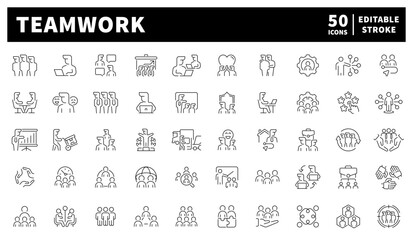 Teamwork vector icons set. Set of 50 linear icons illustrating teamwork and group cooperation. Teamwork, unity, shared goals, and mutual effort people symbols