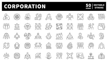 Corporation vector icons set. Set of 50 linear corporation icons. Corporate structure, leadership, business roles, and enterprise symbols
