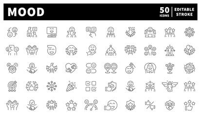 Set of 50 linear mood icons. Good emotions and mood vector icons. Smiles, joy, and cheerful faces illustrated with uplifting minimalist strokes