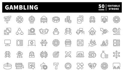 Gambling vector icons set. Set of 50 gambling linear icons. Slot machines, dice, poker chips, cards, and casino games set of 50 gambling linear icons