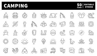 Camping vector icons. Set of 50 vector icons related to camping. Tents, backpacks, fire, compass, and nature gear 50-icon linear set for camping and hiking