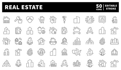 Real estate vector icons collection. Set of 50 real estate linear icons. Real estate, houses, renting, mortgage, and housing market icons