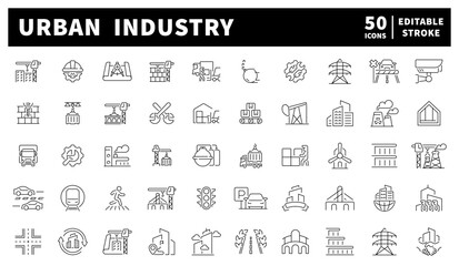 Urban industry vector icons set. Urban industry, factories, manufacturing, and heavy equipment. Set of 50 industry icons
