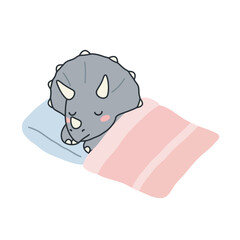 Adorable sleepy triceratops dinosaur tucked into cozy bed with soft blanket and pillow, perfect for children's books and nursery decor