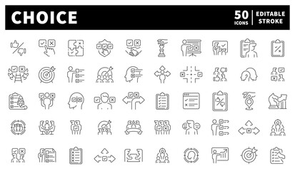 Choice vector icons set. Set of 50 vector choice linear icons. Choice, checkmarks, questions, and alternative options 50-icon linear collection