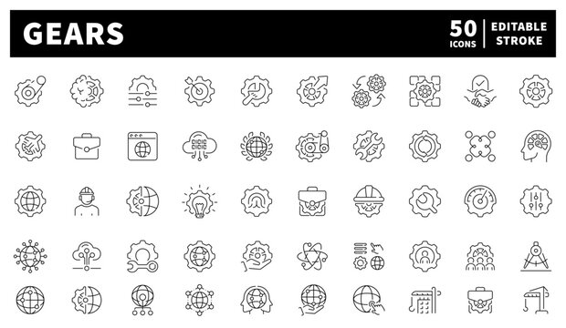 Gear vector icons set. Set of 50 linear gear icons. Mechanical gear wheels, interlocking cogwheels, and system schematics drawn in a structured tech style