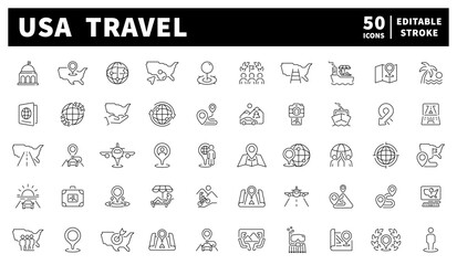 USA travel vector icons set. Set of 50 linear travel icons. American destinations and travel essentials minimal icon collection.