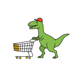 Charming cartoon T-Rex dinosaur wearing a red cap happily pushing a shopping cart, perfect for playful marketing and whimsical retail themes.