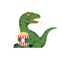Joyful green dinosaur eagerly enjoys popcorn, winking with a playful, happy expression, perfect for themed events and whimsical marketing campaigns.