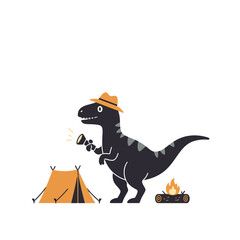 Whimsical T-Rex explorer with flashlight and campfire camping under starry night sky, perfect for kids' adventure themes
