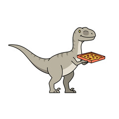 Adorable cartoon raptor proudly presents a delicious pepperoni pizza, offering a fun and playful visual for food-related themes and creative projects.