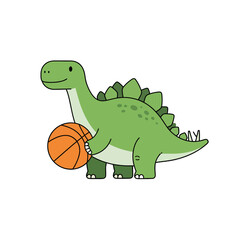 Adorable green stegosaurus character happily holding a basketball, ready for a fun game, perfect for children's sports and playful designs