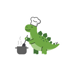 Adorable chef dinosaur happily stirring a steaming pot, perfect for culinary themes, kids' content, or playful restaurant branding.