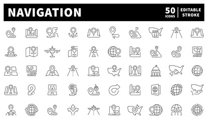 Navigation. Navigation vector icons collection. Set of 50 linear icons related to Navigation. Navigation and directional symbols