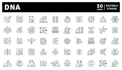DNA. DNA vector icons collection. Set of 50 linear DNA icons. Helix strands, chromosomes, molecular structures, and genetics symbols