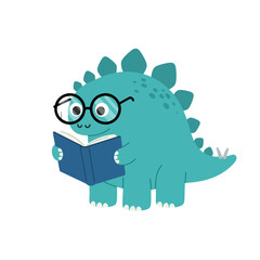Adorable cartoon stegosaurus wearing glasses intently reads an open book, sparking imagination and a love for learning in children's educational content.