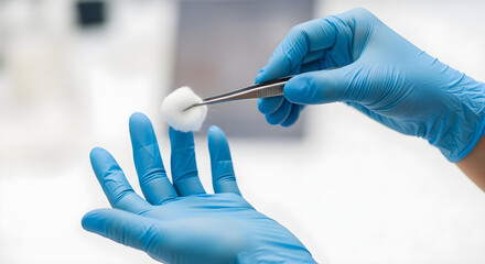 A close-up shot of a gloved hand holding a cotton ball with tweezers over an open palm.