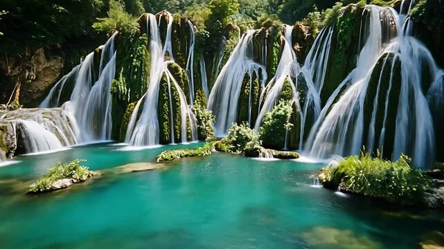 Flowing river cascades into waterfalls surrounded by lush green forest in pristine natural landscape
