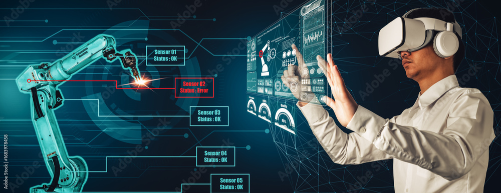 Poster engineer controls robotic arms by augmented reality industry technology application software. smart 