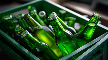 Brightly lit macro shot of green glass bottles inside a green recycling box, arranged neatly with room around edges for text overlay.