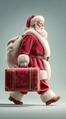 Santa Claus walking with a suitcase for holiday travel in a festive atmosphere during winter