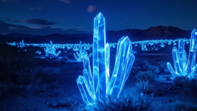 Glowing Crystal Field at Night: Desert Landscape