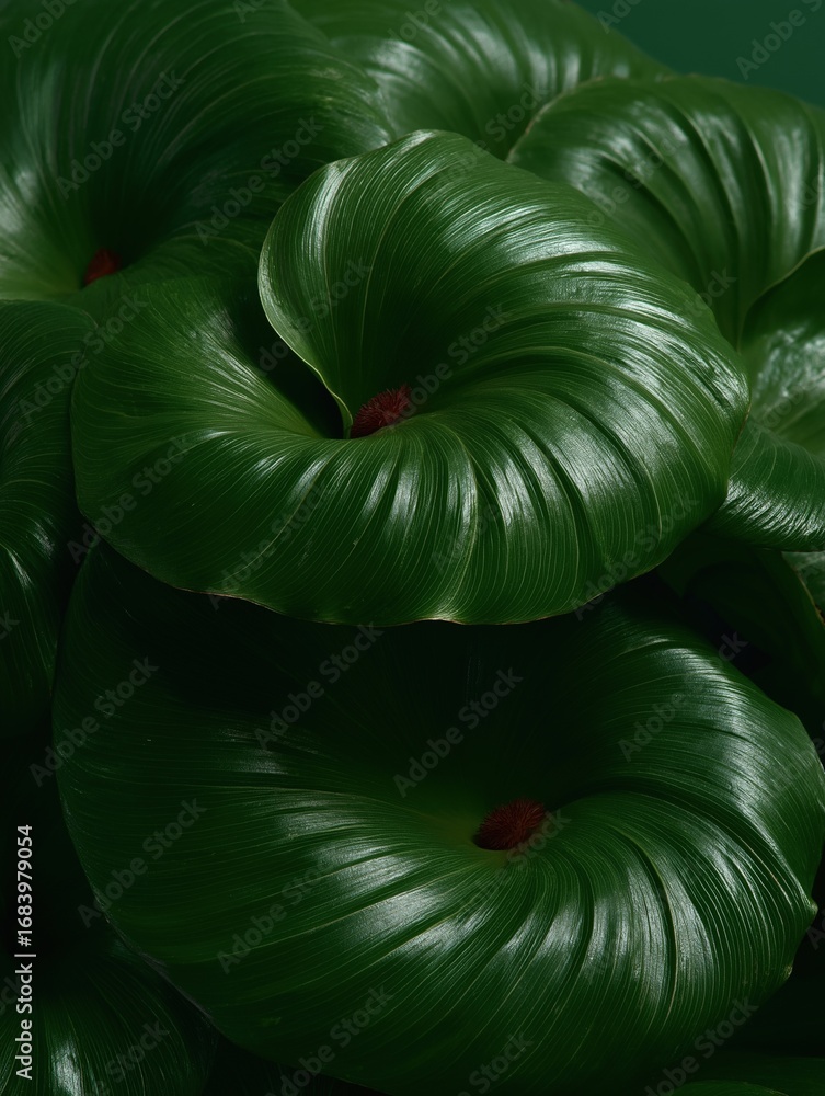 Aufkleber close-up of a group of green leaves. the leaves are arranged in a circular pattern, with each leaf s