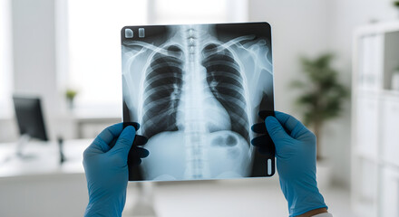 A medical professional wearing blue gloves holds up a chest X-ray film, examining the lungs and rib cage.