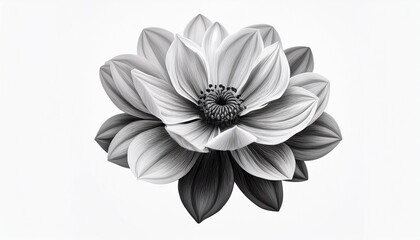 black and white illustration of a blooming flower isolated on white background