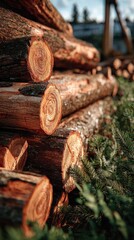 Logs stacked neatly in sunlight with greenery nearby in a natural outdoor setting
