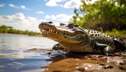 Obraz premium Croc on riverbank in sunlight