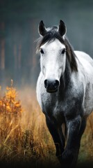 Obraz premium Grey horse walks through golden grass in a misty forest during early morning hours