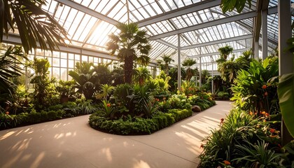 Sunlight streams through a tropical greenhouse