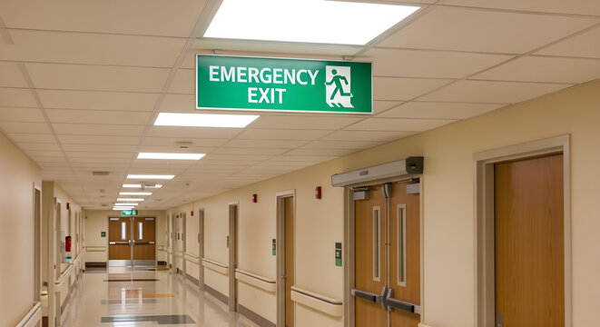 An illuminated emergency exit sign hangs above a long, well-lit hospital corridor with doors on either side.