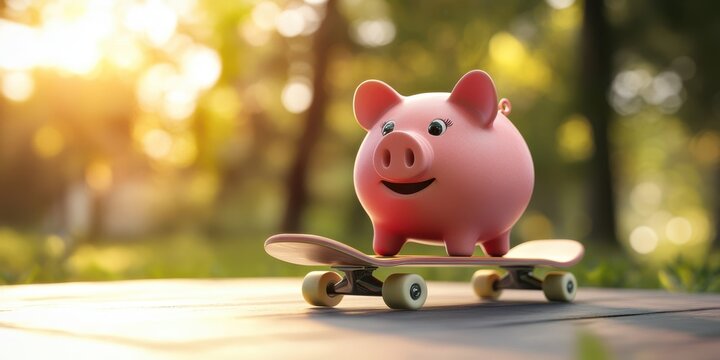 Piggy bank on skateboard enjoying a sunny day in the park for a playful afternoon - Powered by Adobe