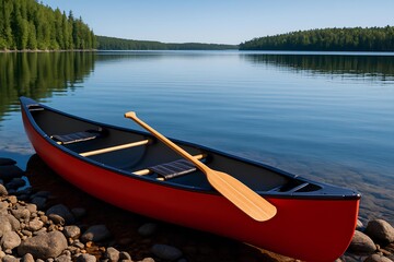 Serene lake scene with red canoe and paddle ready for adventure, perfect for peaceful getaway or outdoor recreation promotion