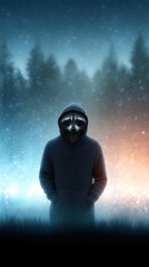 Mysterious figure wearing a raccoon mask stands in a snowy forest during twilight hours