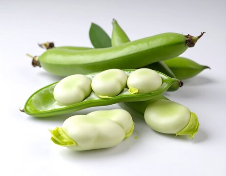 Fresh, vibrant green broad beans with creamy white beans are presented on a plain white surface.