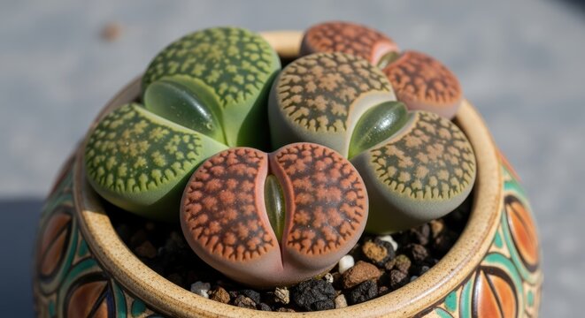 Colorful lithops succulents in decorative pot on pebble bed