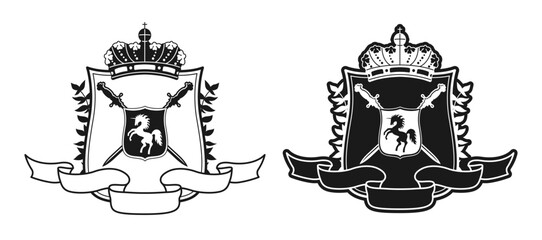 Coat of arms with unicorn shield and laurel wreath, ribbon crown, swords crosswise. Heraldic crest medieval emblems fantasy kingdom. Coat of arms vector graphic monochrome black white art design
