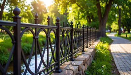 Park fence with sunlit path