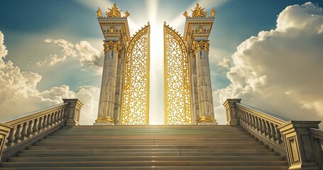 Sunburst shifting triggers golden gates opening on marble stairs, revealing swirling clouds beyond - Powered by Adobe