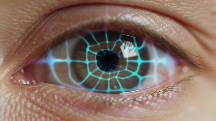 Close Up Human Eye with Glowing Blue Digital Grid Pattern Animating Advanced Technology and Data Processing Concept - Powered by Adobe