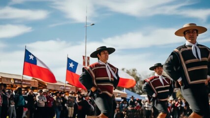 traditional chilean dancers in vibrant ponchos and hats perform spirited moves, waving white scarves. outdoor festival, cultural celebration. cueca dance, chile independence day with flags and crowd