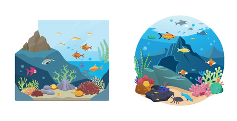 Naklejka premium Under water seamount ecosystem teeming with marine vector art design illustration
