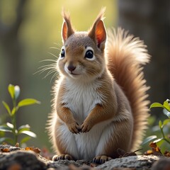 Obraz premium Squirrel, squirrel sitting in nature, sunlight falling on it from the side, making it more visible and attractive, close-up shot, natural background