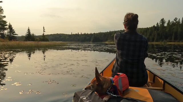 4K view from the stern of a canoe in Temagami, showing a woman and her dog gliding across water